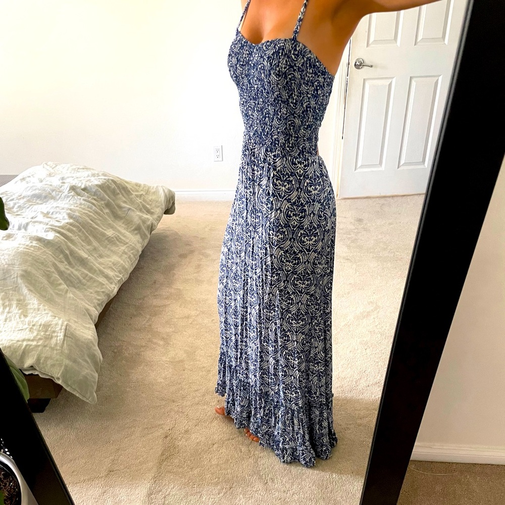 Backless blue and white halter maxi dress